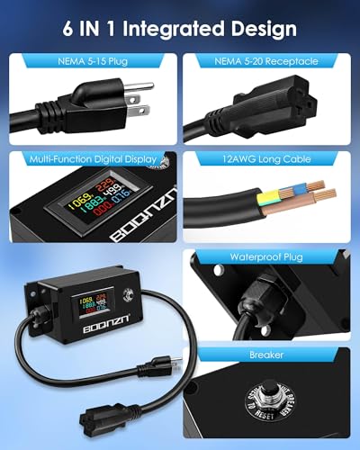 20A 125V AC Power Meter, NEMA 5-15P to 5-20R Outlet Monitor