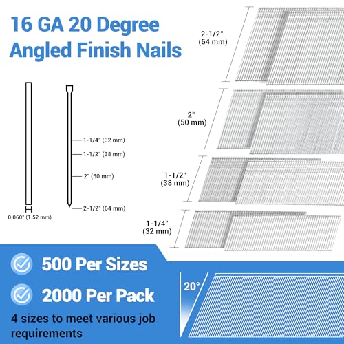 meite 16 Gauge 20 Degree Finish Nails Set 2-Inch & 2000-Pack Assorted Size Project Pack Galvanized Angled Finishing Nails for Finish Nailer Cabinet Crown Baseboard