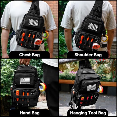 Small Tool Bag, Shoulder Tool Bag Organizer for Electricians, Small Tactical Sling Bag for Men, Heavy Duty Compact Tool Chest Bag with Multi-Pocket Organization & MOLLE System(Black 12 Inch) Black