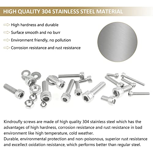 814 Pieces Socket Head Cap Screws Nuts Washers Kit, Kindroufly M3 M4 M5 M6 Screw Assortment Kit, Metric Screw Set, Bolts and Nuts, Machine Screws, 304 Stainless Steel, Fully Machine Thread M3/M4/M5/M6