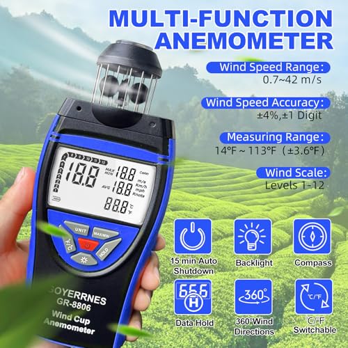 Digital Anemometer Wind Gauge, GR-8806 Handheld Wind Gauge, Anemometer Measures Wind Speed and Temperature, LCD Screen Data Storage, Supports Tripod Screws GR-8806-Blue