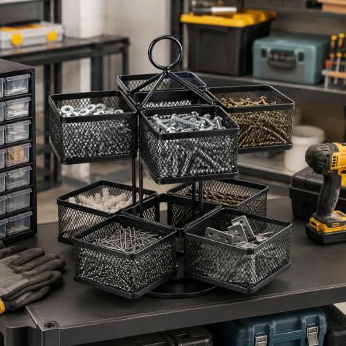 Mesh Metal Toolbox Organizer With 8 Rotating Bins, 360° Hardware Storage Rack, Small Tool Box for Screws, Nuts, Bolts, Washers, Drill Bits and Pliers in Garage Workshop, Black