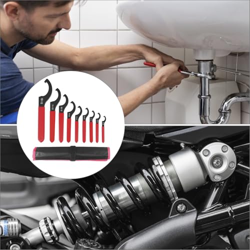 QWORK Universal Spanner Wrench, 9 Pcs 22-110mm Coilover Spanner Wrench Set Motorcycle Shock Wrench with Roll-Up Pouch