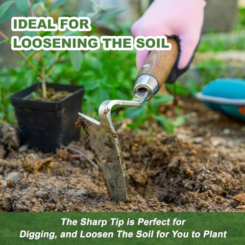 Haliaeetus Gardening Sickle Hoe, Stainless Steel Garden Planting Trowel for Repotting, Long and Narrow Widger for Weeding from Tight Areas, Hand Transplanter with Wood Handle for Planting, Weeding
