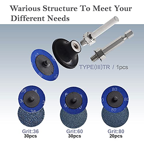 80 Pcs 2 inch Die Grinder Sanding Discs with More 4Pack 1/4" Disc Holders, Zirconia Coated 36/60/80 Grit for Surface Prep