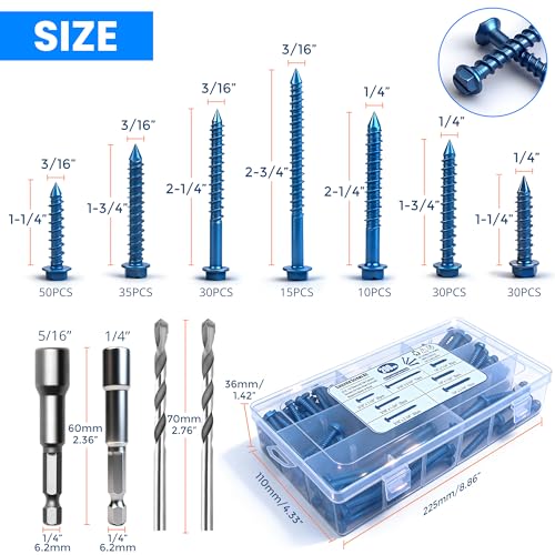 200PCS Concrete Screws, 3/16" 1/4" Masonry Screws with Drill Bit and Driver Bit, 7 Sizes Hex Head Cement Screws for Masonry, Block or Brick, Diamond Point, Blue Coated 200PCS 3/16" & 1/4" Assortment (7 Sizes) Slotted Hex Head