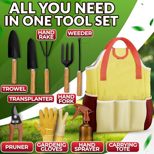 10 Pcs Gardening Tool Set for Women, Rust-Resistant Steel, Tote Bag Yellow Set of 10