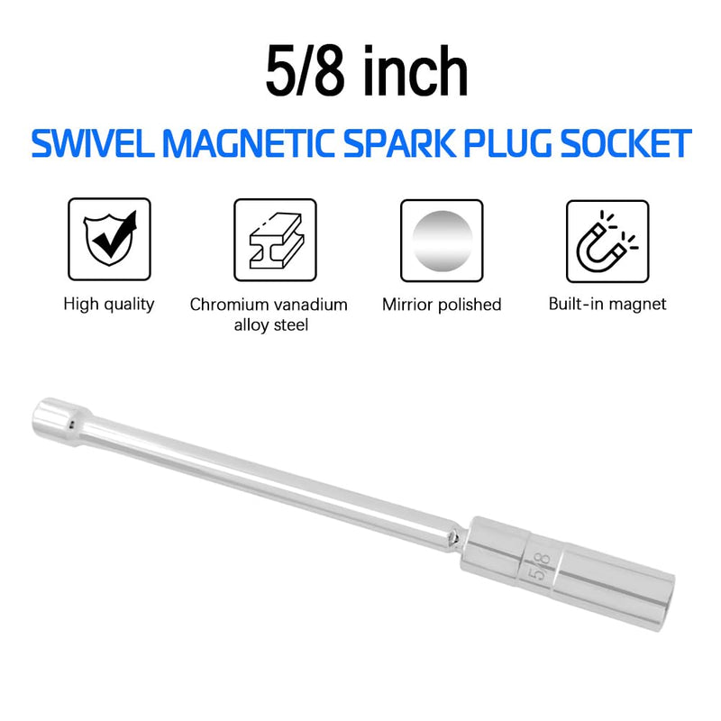 A ABIGAIL 5/8" Swivel Magnetic Spark Plug Socket 3/8 Inch Drive x 10" Total Length 6-Point 360 Degree Swivel Thin Wall Spark Plug Socket Removal Tool Cr-V Steel 10inch