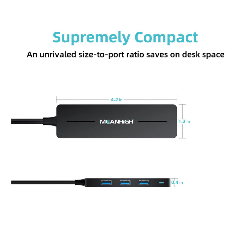 USB Hub, 3.0 4-Port Ultra-Slim Data USB Expander with 4 FT Extended Cable Compatible with MacBook, Mac Pro, Mac mini, iMac, Surface Pro, XPS, PC, Flash Drive, Mobile HDD (Black) Black