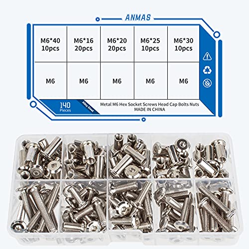 M6 x 16mm/20mm/25mm/30mm/40mm 140Pcs Hex Socket Screws Head Nuts 16/20/25/30/40mm (140pcs)