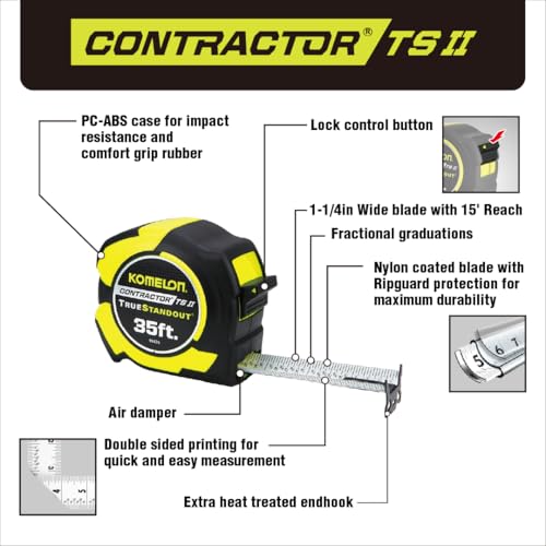 Komelon 35-Ft Contractor TSII Wide Blade Tape Measure with Backside Printing, Manual Lock, Long Standout (91435) Hi-Viz Yellow 35 FT