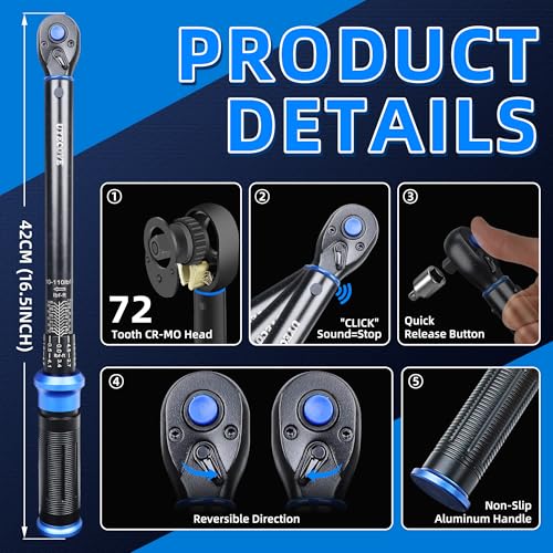 3/8-Inch Drive Click Torque Wrench, Dual-Direction Click Professional Torque Wrench 10-110FT.LB/13.6-135.6N.M, Dual Range Scales Graduated in FT.LB and N.M, Blue 3/8" 10-110 FT.LB