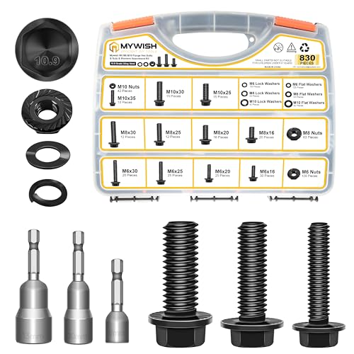 Mywish M8 x 16mm 20Pcs Flat Head Hex Socket Cap Screws Bolts & 830Pcs M6 M8 M10 Flange Metric Bolt Assortment Kit, Furniture Bolts Full Thread, Black Oxide