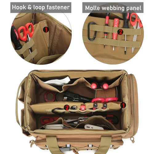 15-Inch Tool Bag, Multi-Purpose Tactical Work Tote & Range Organizer with Shoulder Strap, for Electricians, Handymen, Carpenters & Shooting Range Use (Khaki) Khaki