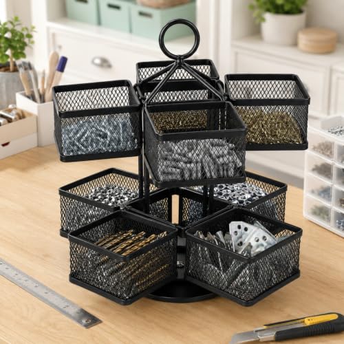 Mesh Metal Toolbox Organizer With 8 Rotating Bins, 360° Hardware Storage Rack, Small Tool Box for Screws, Nuts, Bolts, Washers, Drill Bits and Pliers in Garage Workshop, Black