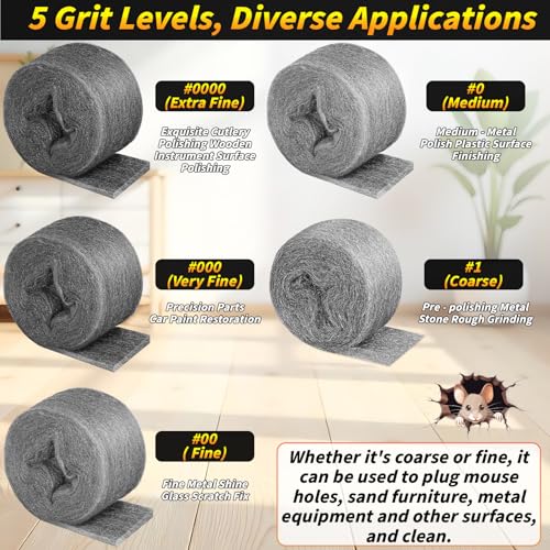 Steel Wool Mice Control, 6 Pack 3.2" x60 FT #1 Steel Wool & 1 Pack 5" x30 FT Stainless Mesh Gap Filler, Mouse Hole Filler DIY Kit, Rodent Barrier Kit for House Garden Pipeline Polishing Chrome Glass
