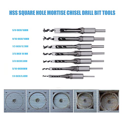 Garosa 7Pcs Square Hole Mortise Chisel Drill Bit Woodworking Hole Saw Square Drill Bits Kit 1/4in 5/16in 3/8in 2/5in 1/2in 9/16in 5/8in HSS Mortising Chisel Drill Bit Set with Storage Box