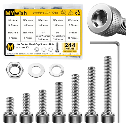Mywish 640Pcs M6 Screw Black Bolts and Nuts Kit & 244Pcs M5 Screw Metric Screw Assortment Kit, Head Cap Screw Metric Bolts Assortment, Machine Screws, Fully Threaded Hex Wrenches