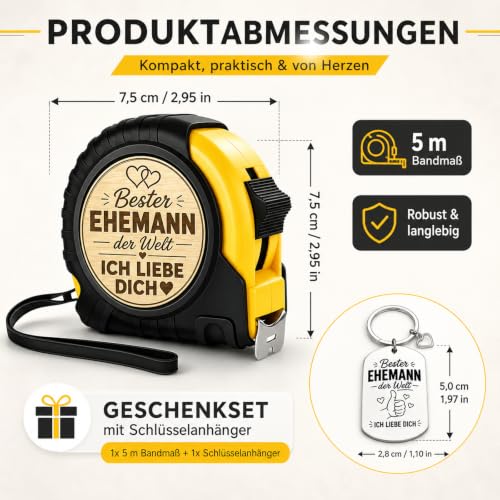Anniversary Gift for Him, Best Husband in the World, Tape Measure 5 m with Key Ring, Wedding Anniversary Gifts for Men, I Love You Gifts for Men, Husband Birthday Gift