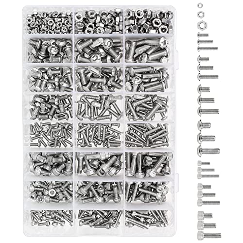 HELIFOUNER 680 Pieces M3 M4 M5 M6 Hex Button Head and Socket Head Metric Screws and Nuts Assortment Kit, 304 Stainless Steel