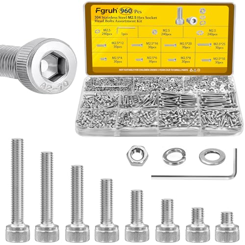 1760PCS Metric M2 M3 M4 M5 Hex Socket Head Cap Bolts Assortment Kit & 960Pcs M2.5 Hex Socket Head Bolts Assortment Kit with Nuts, Washers for DIY, 3D Printer