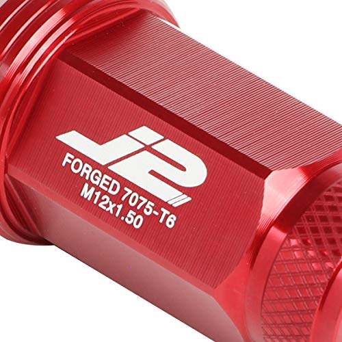 DNA MOTORING LN-T7-021-15-RD Red J2 Engineering 7075 Aluminum M12 x 1.5 20Pcs L: 50mm Knurled Top Lug Nuts w/Adapter