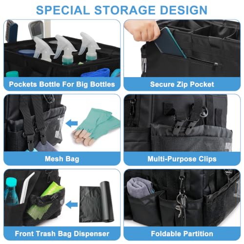 Large Cleaning Caddy Organizer, Adj Straps & Board Dividers Black Large