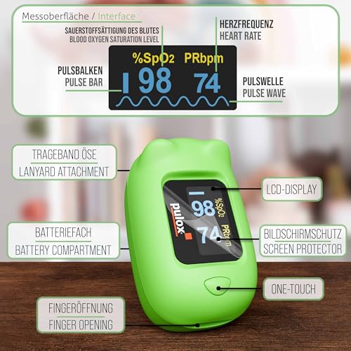 Pulox PO-230 Children's Pulse Oximeter Green for Measuring SpO2 and Pulse | Measures oxygen saturation and heart rate in just a few seconds, includes stickers for individual gluing and designing