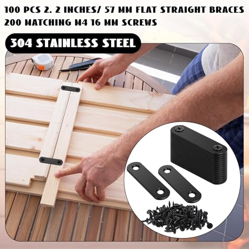 Yinkin 100 Pcs 2.2"x0.6" Black Stainless Steel Flat Straight Braces Mending Plates with 200 Screws, Rustproof Straight Brackets for Furniture, Shelves, Cabinets & DIY Wood Joint Repair 2.2 Inches/ 57 mm