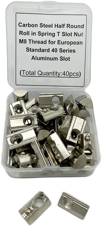 40Pcs M8 Thread T Slot Spring Nuts, Silver Carbon Steel Nickel-Plated Half Round Roll in Spring T Slot Nut for European Standard 4040 Series Aluminum Extrusion Profile (A Pack of 40pcs)