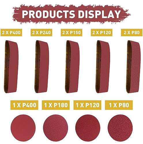 4 x 36 Inch Sanding Belts 10 Pieces Aluminum Oxide Sander Belts(80/120/150/240/400 Grits) With 4 Pieces 6 Inch Sanding Disc Aluminum Oxide Adhesive Backed Sandpaper (Pack of 14)