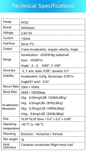 【WT61 Accelerometer+Tilt Sensor】High-Stability Acceleration(+-16g)+Gyro+Angle(XY Dual-axis) with Kalman Filter, MPU6050 AHRS IMU (Unaffected by Magnetic Field), for PC Raspberry Pi