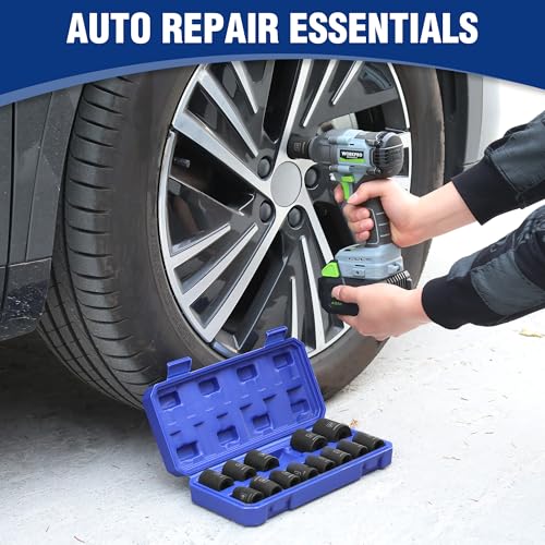 WORKPRO 1/2” Drive Shallow Impact Socket Set, Metric Cr-V Steel 6-Point Socket Set with Storage Case for Automotive Maintenance and Repairs (14PCS 10-27mm) 14 PCS, Metric