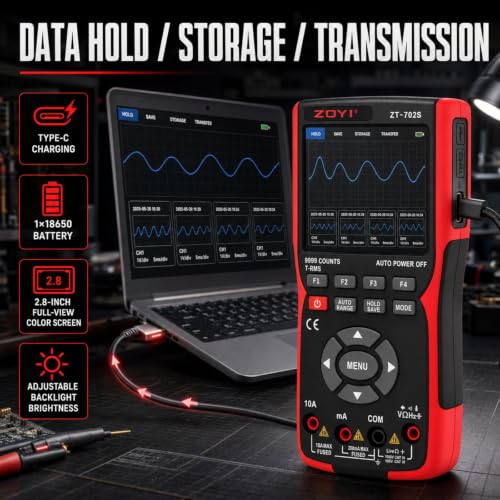 702S 2 in 1 Handheld Automotive Oscilloscope Multimeter - 10MHz Bandwidth 48MS/s Sampling Rate,Auto-Ranging 9999 Counts T-RMS Multimeter with Temperature Tester for Electronics Repair Test