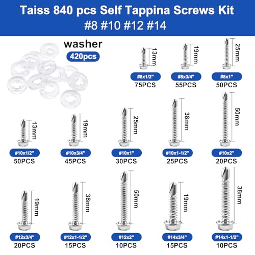 Taiss 610PCS #8#10 Self Tapping Screws for Metal 410 Stainless Steel +840PCS #8#10#12#14 Self Tapping Screws + 620PCS M3 Screw Kit