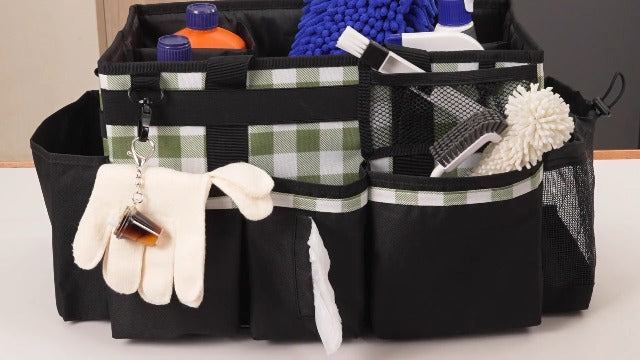 SCAVATA Wearable Cleaning Caddy, Cleaning Caddy Supplies Organizer with Handle & Shoulder Straps for Housekeepers, Under Sink & Car Cleaning Tool Organizers Bag with 4 Foldable Divider (GreenPlaid) GreenPlaid