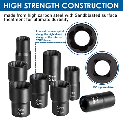 Lug Nut Removal Tool,10 Piece Lug Nut Extractor Set 1/2 Inch Drive 10-piece