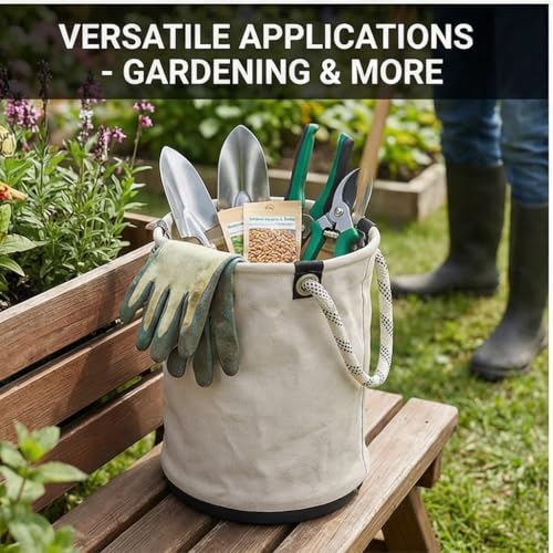 KIMISS Canvas Tool Bucket with Plastic Bottom, for Maintenance Work, 40x30cm Organizer Holds 30KG, Nails Bolts Storage, Portable Mini Tool Bag White