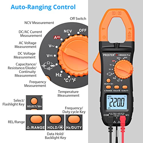Proster Digital Clamp Meter TRMS 6000counts & Non Contact Voltage Tester