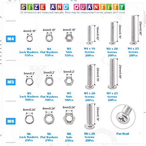 Glarks 1020Pcs Flat Hex & Pan Head Stainless Steel Screws Nuts Lock and Flat Gasket Washers Assortment Kit