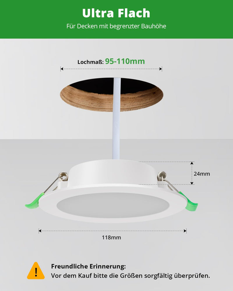 HOMEOW Recessed LED Spotlights 230 V 95 mm - 110 mm Hole Size 7 W 700 LM | Neutral White 4000K Ceiling Spot, Recessed Spot Diameter 118 mm, IP44 Recessed Lights for Bathroom Kitchen Living Room 12-Pack Neutral White 7W, 95-110 mm Hole Size