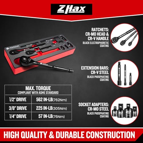 zhax 10-Piece Ratchet Set, 1/4”, 3/8”, 1/2” Drive 90-Tooth Ratchets & Accessories, Quick Release Reversible Ratchet Wrenches with Extension Bars & Socket Adapters for Repairing Home DIY