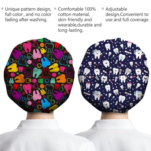 Pack of 2 Scrub Caps with Tooth Pattern, Four Press Studs, Made of Elastic Cotton, One Size, Surgical Hats, Chef's Hat, Unisex Headwear for Women, Men, Medical Care, Kitchen, Housework