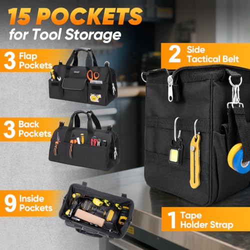 TICONN Heavy Duty Tool Bag Organizer, Portable Tool Box with Shoulder Strap 18" Standard Base Black