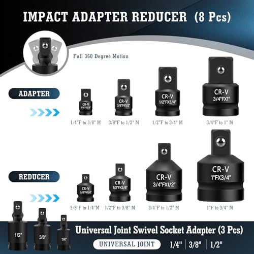 11PCS Impact Socket Adapter and Reducer Set, 1/4" 3/8" 1/2" 3/4" 1" Inch Square Drive Wrench Adapter, CR-MO Steel, for Drill, Breaker Bar, Ratchet Drive, Christmas Stocking Stuffers for Adults 11PCS Red