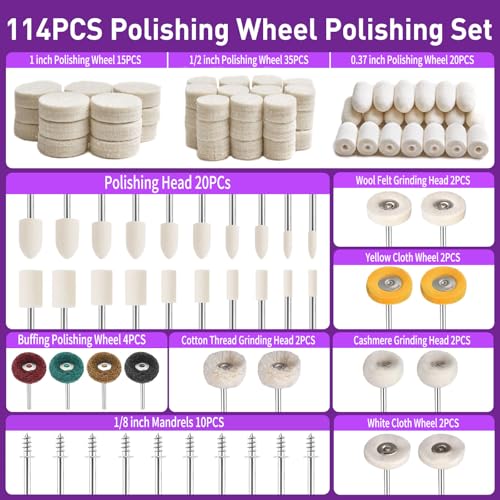 Pack of 116 Wool Felt Polishing Discs Compatible with Dremel, Wool Felt Mounted Mandrel Polishing Set with 2 Polishing Paste, 1/8 Inch Shaft Polishing Accessories, Suitable for Grinding and Polishing Metal Jade Glass 116 pieces wool felt polishing discs