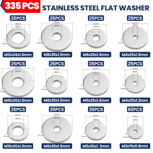 335 Pcs 304 Stainless Steel Flat Washers, 12 Sizes M3-M12 Flat Washers Set 335