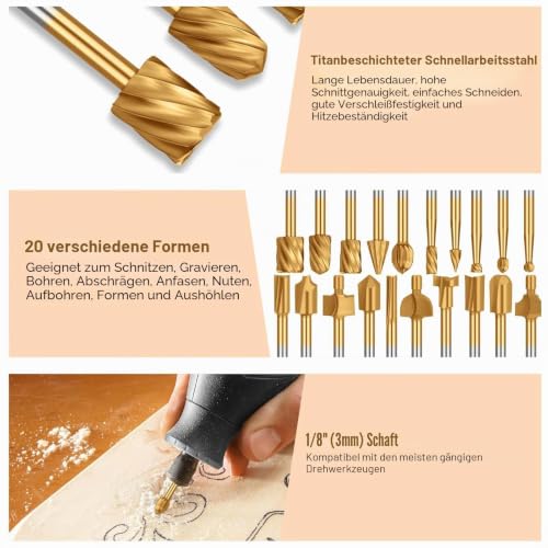 EEEKit 20 Piece Wood Carving Drill Bit Set, HSS Rotary Burr Milling Cutter Wood for Rotary Tool with 3 mm Shank