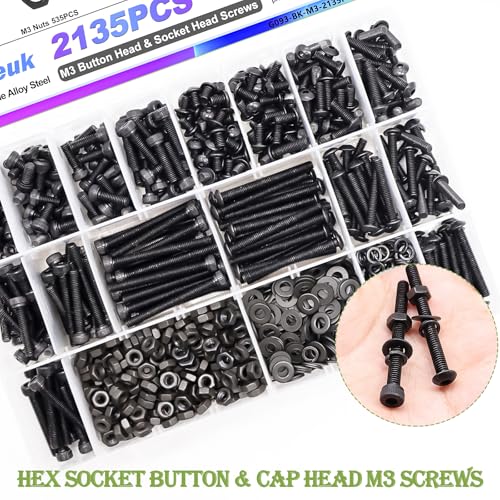 mxuteuk 2135PCS M3 Screws,4mm-35mm Metric Screws Nuts and Bolts Assortment Kit,12.9 & 10.9 Grade Alloy Steel Hex Socket Button & Cap Head M3 Screws with 2 Hex Wrench