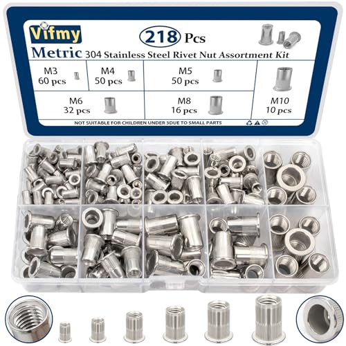 218 PCS Metric 304 Stainless Steel Rivet Nut Assortment Kit and 240 PCS SAE Zinc Plated Finish Carbon Steel Rivet Nut Assortment Kit,UNC Rivnut Threaded Insert Nut Set